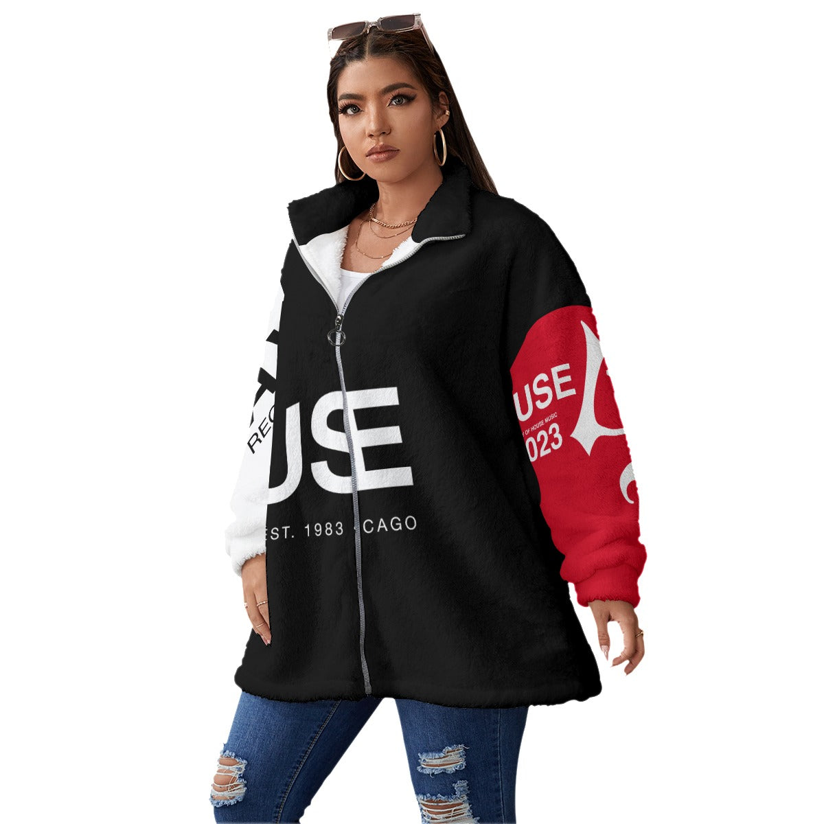 House40 Women's Borg Fleece Stand-up Collar Coat With Zipper Closure(Plus Size)